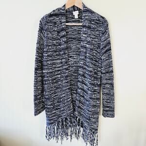 Chico's Cardigan Sweater Sz 1 (US M/ 8/10) Blue Long Western Fringe Duster Boho